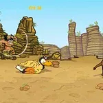 En animeret scene med en hulemand, en dodo og en mammut i et stenlandskab