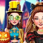 To kvinder i farverige kostumer med halloween-tema, den ene med en græskarlygte og den anden med katteører