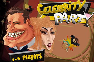 To animerede figurer med karikerede ansigter og teksten Celebrity Party samt 1-4 Players er vist