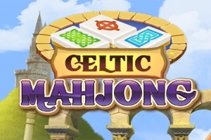 Titel med celtiske mønstre på mahjong-brikker over en blå himmel og middelalderlige tårne