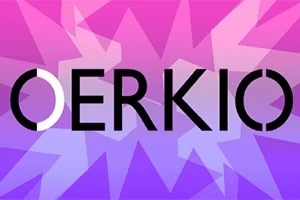 Farverig grafisk baggrund med geometriske former og teksten OERKIO i midten