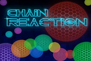 Farverige, neonglødende cirkler med mønstre på mørk baggrund og teksten Chain Reaction i lyseblå neon