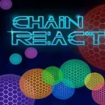 Farverige, neonglødende cirkler med mønstre på mørk baggrund og teksten Chain Reaction i lyseblå neon