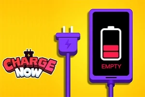 En lilla oplader med en stikprop ved siden af en mobiltelefon, der viser en næsten tom batteri-indikator på en sort skærm med teksten EMPTY, alt sammen på en gul baggrund