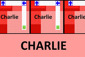 Grafik med navnet Charlie gentaget tre gange i et gittermønster med pile og røde baggrundsfelter