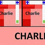 Grafik med navnet Charlie gentaget tre gange i et gittermønster med pile og røde baggrundsfelter