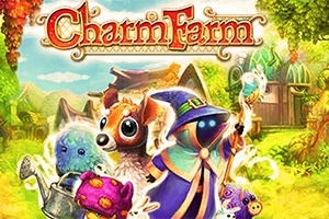 Charm Farm Et farverigt fantasy-billede med magiske væsener, herunder et figurs i kappe med tryllestav, et dyr ligner en hjort og andre nuttede skabninger, omgivet af en frodig, grøn skov baggrund