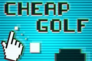 En pixelgrafik med teksten CHEAP GOLF og en cursor-hånd på en blå baggrund med linjerede detaljer