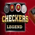 Illustration af et ternet bræt med sorte og hvide brikker samt teksten Checkers Legend mod en rød baggrund