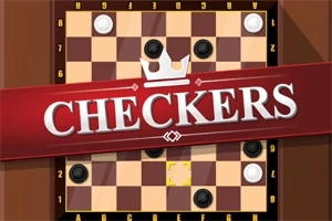 Skakbræt med sorte og hvide brikker og rød banner med teksten Checkers