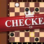 Skakbræt med sorte og hvide brikker og rød banner med teksten Checkers