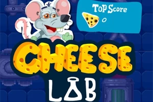En tegneserieagtig mus med briller og stor tekst med ordene Cheese Lab i forgrunden