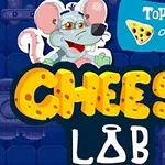En tegneserieagtig mus med briller og stor tekst med ordene Cheese Lab i forgrunden
