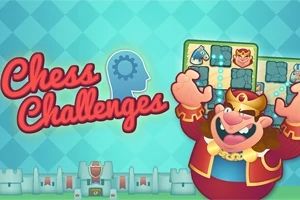 En tegneseriekonge med krone og rød kappe smiler bredt foran et skakbræt med blå brikker, omgivet af teksten Chess Challenges og en borg i baggrunden