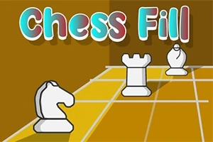 Hvid skakbrik-knight, tårn og løber på en skakbrættet baggrund med teksten Chess Fill i farverig typografi
