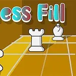 Hvid skakbrik-knight, tårn og løber på en skakbrættet baggrund med teksten Chess Fill i farverig typografi