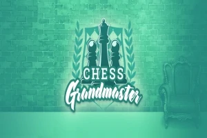 Grøn baggrund med et skaktema-logo, der viser to skakbrikker og teksten Chess Grandmaster ved siden af en klassisk stol