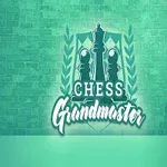 Grøn baggrund med et skaktema-logo, der viser to skakbrikker og teksten Chess Grandmaster ved siden af en klassisk stol