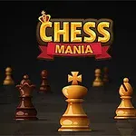 Skakbrikker i forskellige stillinger på et skinnende skakbræt med teksten CHESS MANIA ovenfor
