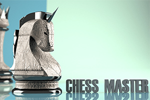 En skakbrik formet som en ridder ved siden af teksten Chess Master på en lyseblå baggrund