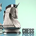 En skakbrik formet som en ridder ved siden af teksten Chess Master på en lyseblå baggrund