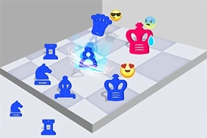 Blå og røde skakbrikker på et skakbræt med forskellige emojis svævende over dem