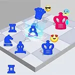 Blå og røde skakbrikker på et skakbræt med forskellige emojis svævende over dem