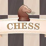 Et skilt med teksten CHESS under en brun springerbrik på en ternet baggrund