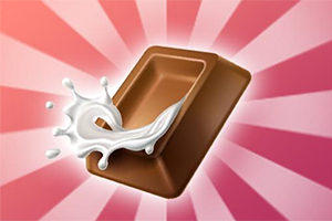 Chokoladebar med mælk, der skvulper ud, på en baggrund med lyserøde og hvide stråler
