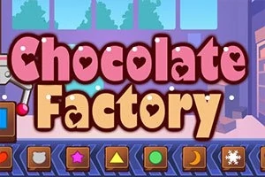 Farvestrålende tekst Chocolate Factory med ikoniske chokolade-former på en industriel baggrund