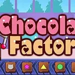 Farvestrålende tekst Chocolate Factory med ikoniske chokolade-former på en industriel baggrund