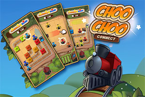 Tegningen viser tre kort med togtema, et legetog i forgrunden og teksten Choo Choo Connect