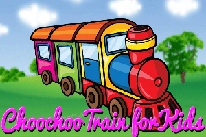 Farverig tegneserietog med tekst Choochoo Train for Kids foran en grøn baggrund med træer og skyer