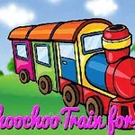 Farverig tegneserietog med tekst Choochoo Train for Kids foran en grøn baggrund med træer og skyer