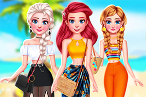 Tre animerede figurer i sommeroutfits står foran en strandbaggrund med palmetræer