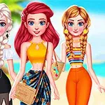 Tre animerede figurer i sommeroutfits står foran en strandbaggrund med palmetræer