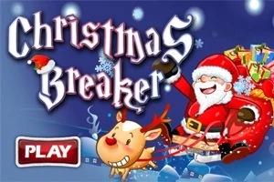 Julemanden med en sæk fuld af gaver kører på en slæde trukket af et rensdyr foran teksten Christmas Breaker på en blå baggrund