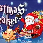 Julemanden med en sæk fuld af gaver kører på en slæde trukket af et rensdyr foran teksten Christmas Breaker på en blå baggrund