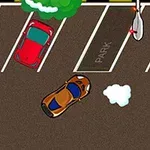 Billedet viser en parkeringsplads set ovenfra med biler i forskellige farver, en orange bil i bevægelse og en sky af røg bag den
