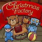 Et juletema-billede med en bjørn, en robot, en gyngehest, en bold og en dukke foran et skilt, der siger Christmas Factory