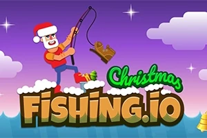 Mand med julemandskostume fisker en slæde op af vandet, omgivet af skyer og teksten Christmas Fishing