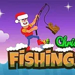 Mand med julemandskostume fisker en slæde op af vandet, omgivet af skyer og teksten Christmas Fishing