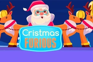 Julemand omgivet af rensdyr iført hjelme og røde seler, med teksten Cristmas Furious