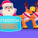 Julemand omgivet af rensdyr iført hjelme og røde seler, med teksten Cristmas Furious