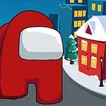 Rød figur med stort visir omgivet af sneklædte huse og juleudsmykning