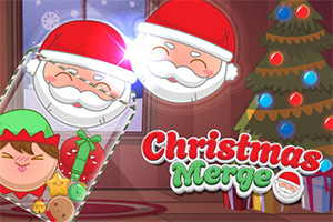 Tegning af to nisser med nissehuer ved siden af et juletræ pyntet med lys og kugler samt teksten Christmas Merge