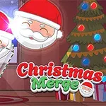 Tegning af to nisser med nissehuer ved siden af et juletræ pyntet med lys og kugler samt teksten Christmas Merge