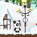 En tegnet panda står ved siden af en gadelampe i et vinterlandskab med et hus og grantræer i baggrunden