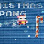 Tekst CHRISTMAS PONG med pixelgrafik af en julemand og to slikstokke på en blå baggrund
