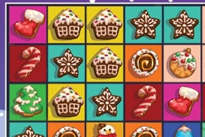 Farverigt gitter med juletema, der viser småkager formet som støvler, slikstokke, stjerner, peberkagehuse, træer og kager